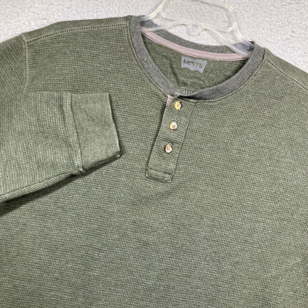 Levi's Henley Shirt Mens XL Olive Green Waffle Knit Long Sleeve Thermal 3-Button